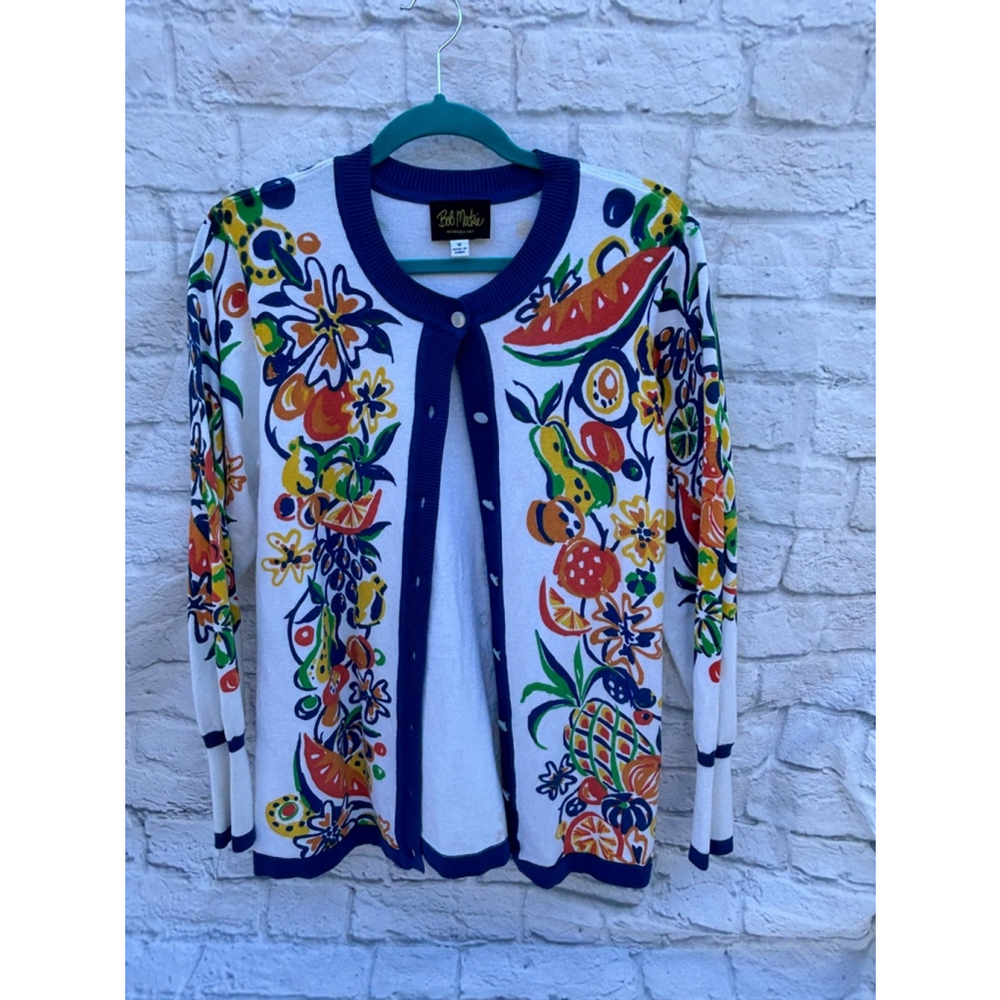 Bob Mackie‎ Cardigan M White Blue Fruit Print-Wearable Art